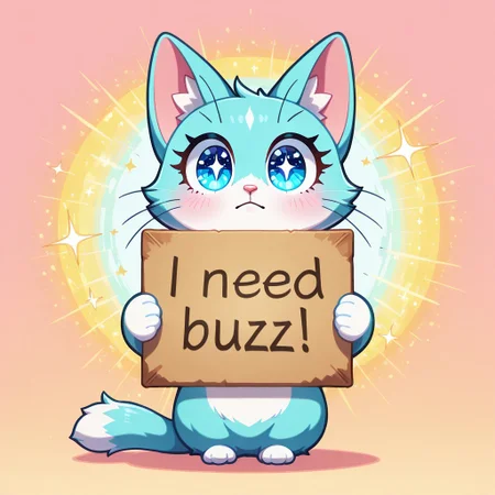 DacuteCHIBI, 1cat, big sparkly eyes, full body, need_buzz, holding sign, masterpiece, very aesthetic, absurdres