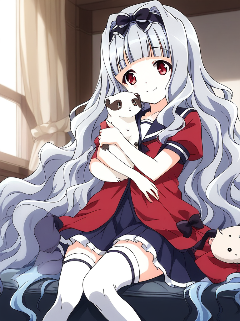 score_9, score_8_up, score_7_up, source_anime, rating_explicit, BREAK  <lora:Watayuki_Ver2.0_XL:1> Watayuki, hairband, very long hair, blue hair, grey hair, hair bow, purple eyes, red eyes, wavy hair, flat chest, blunt bangs,
school uniform, skirt, white thighhighs, bow, zettai ryouiki, ribbon, indoors, short sleeves, shirt, 
smile, red cloak,
ferret, animal,