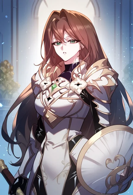 zPDXL3, score_9_up, score_8_up, score_7_up, (Anime_source), 1girl, Arcia, green eyes, brown hair, long hair, Arcia armor, looking at viewer, particles, parted lips, holding shield
