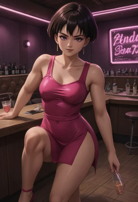 Score_9 score_8_up score_7_up masterpiece perfect quality, high resolution, high definition, 4k, beautiful image, creative angle, perfect angle, pink lighting, (apply pink lighting and filter) futuristic bar, drinks, night club setting, futuristic,
<lora:Fasha:1.0> fasha, perfect face, beautiful face, cute, smug look, girl muscle, medium breasts, fierce look, seductive eyes, 1girl, pink high heels, short hair, ((wearing pink cocktail dress)), earrings, bare upper body, collarbone, detailed body, fit girl, sexy body, beautiful body, sexy pose, looking at viewer interested, 3d
