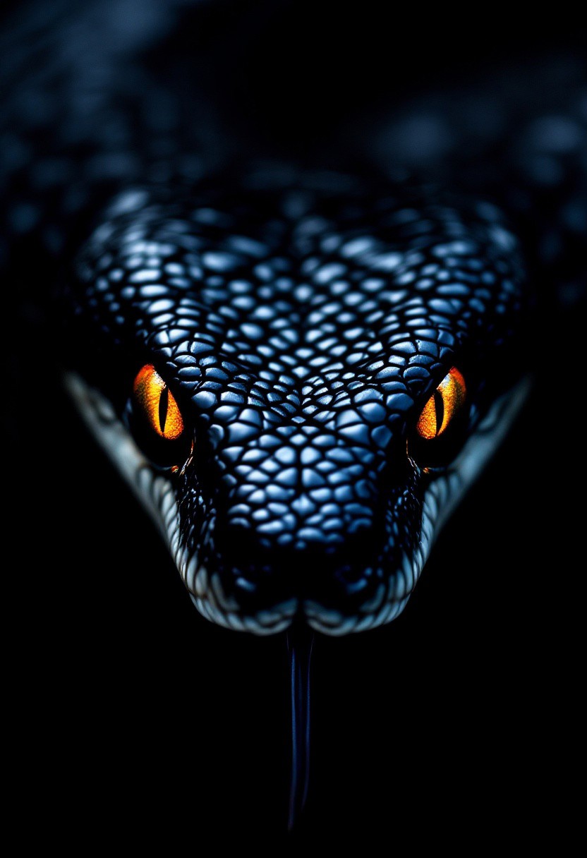 A cinematic close-up of a striking snake's beauty, capturing the perfect balance of beauty and danger. The glossy black scales shimmer with an intricate pattern, reflecting light that emphasizes the snake's texture and depth. Its mesmerizing eyes, vibrant orange-yellow, pierce through the darkness, conveying an intense, hypnotic gaze. The forked tongue subtly peeks out, showcasing the snake's alertness and readiness. Set against a deep, shadowy background, the snake's features are highlighted with soft, dramatic lighting. The composition focuses solely on the snake's head, evoking a sense of mystery, danger, and natural elegance. The image intrigues the viewer, invoking both fascination and caution, as it highlights the dual nature of snakes as captivating yet potentially threatening creatures., cinematic, photo