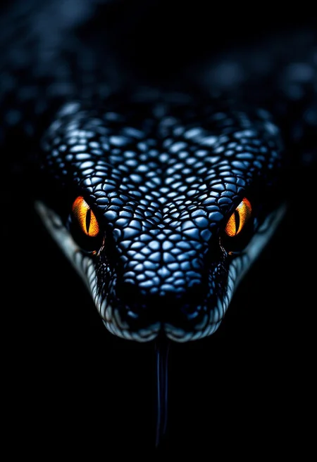 A cinematic close-up of a striking snake's beauty, capturing the perfect balance of beauty and danger. The glossy black scales shimmer with an intricate pattern, reflecting light that emphasizes the snake's texture and depth. Its mesmerizing eyes, vibrant orange-yellow, pierce through the darkness, conveying an intense, hypnotic gaze. The forked tongue subtly peeks out, showcasing the snake's alertness and readiness. Set against a deep, shadowy background, the snake's features are highlighted with soft, dramatic lighting. The composition focuses solely on the snake's head, evoking a sense of mystery, danger, and natural elegance. The image intrigues the viewer, invoking both fascination and caution, as it highlights the dual nature of snakes as captivating yet potentially threatening creatures., cinematic, photo