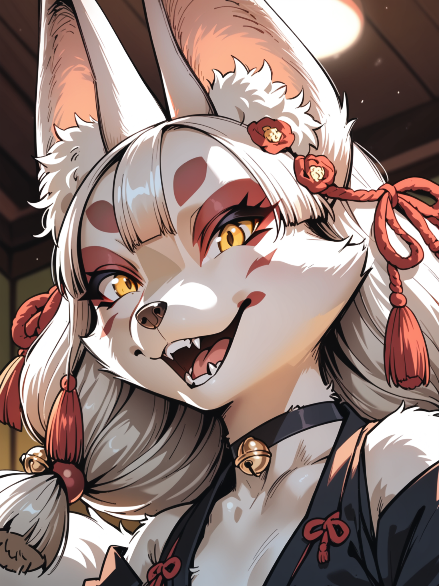 <lora:happy_tentacle-junkohaku-v0.1:1>, ht_junkohaku, hair ornament, jingle bell, fox tail, yellow eyes, small breasts, white fur , smile, open mouth, indoors, goth fashion, black clothes, eyeliner, layered clothes, choker cowboy shot, 1girl, (petite:1.2), solo focus, (looking away:1.1), sidelighting, (depth of field:0.8), (from below:0.8), [(realistic, photorealistic:1.2):(realistic:1.3):22], [(3d:1.2)::10], <lora:LUUNA's Lunas-NijiJourney-SDXL-B2:0.6>, nijijourney, <lora:prgfrg23's Counterfeit-V3.0 Style SDXL_LoRA_Pony Diffusion V6 XL:0.3> score_9, score_8_up, score_7_up, score_6_up, score_5_up, score_4_up