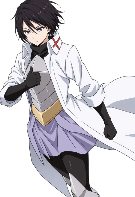 Smooth Quality,masterpiece,very intricate, high quality details, ultra realistic, high detailed skin,detailed enviorement,absurdres,
simple background, white background,solo, 
walking, arms swinging, relaxed shoulders, looking forward, natural movement,  ,thumbs down,traumatized,serious, <lora:Hinata_Sakaguchi_cnn:0.8> hintatacnn, 1girl,black hair, short hair,purple eyes,hair between eyes, saintcnn,black gloves, armor, coat,breastplate, armored boots,
