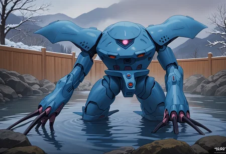 score_9, score_8_up, score_7_up, source_anime, front view, BREAK, ( hygogg, blue_hygogg_armor, pink monoeye, from side, looking at viewer, long arms, very long arms, long claws) 1mech, blue mech, wide mech, large shoulders, large shoulder armor, mech focus, solo, BREAK, two arms, submerged in hot spring, swimming, onsen, fence, rock, water, fog, mostly underwater, emerging from water, (head and arms only),