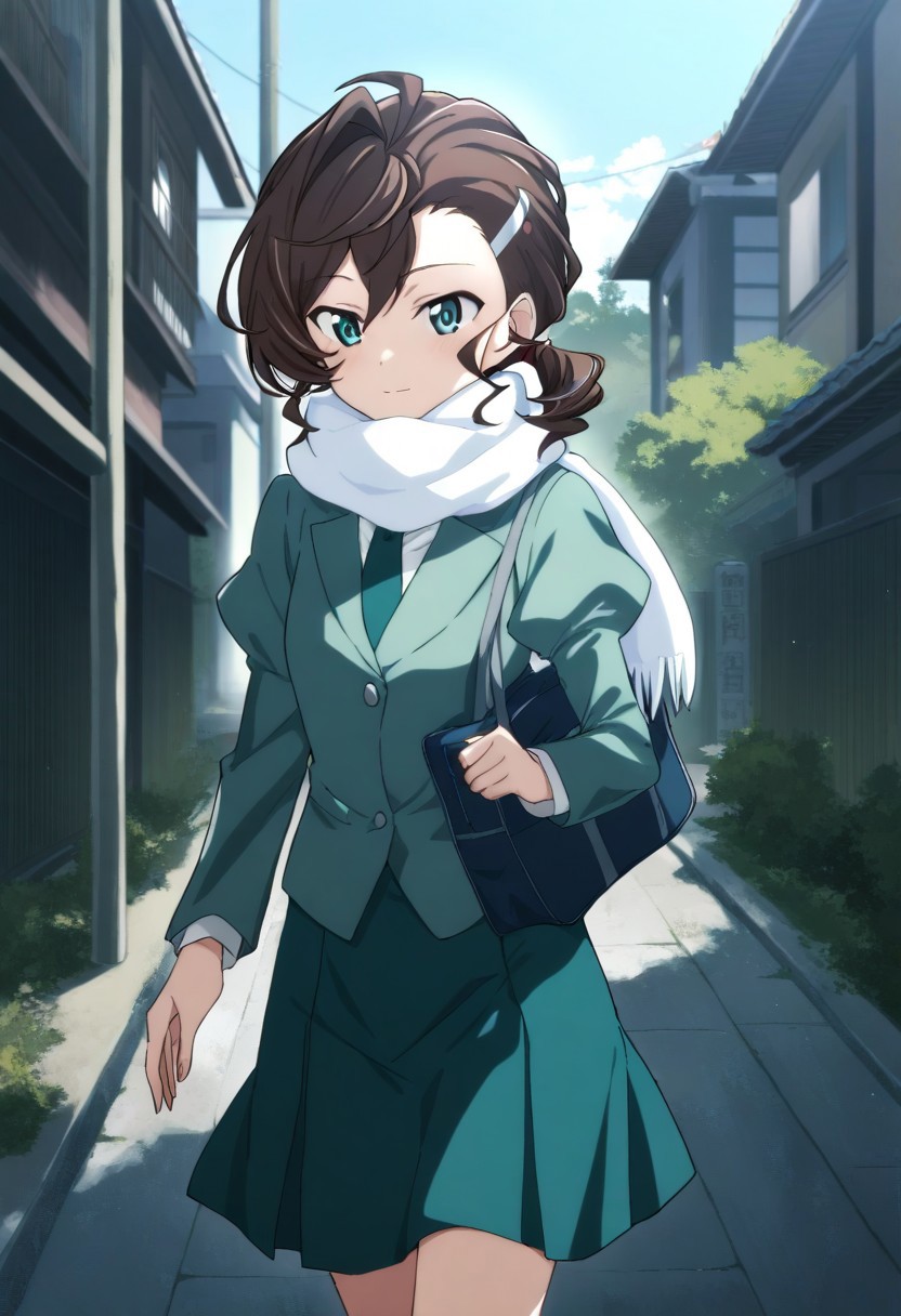 masterpiece, best quality, very aesthetic, absurdres,perfect,1girl,Inuyama Mana,GeGeGe no Kitarou,solo,cowboy shot,(day:1.5),urban residential area,1 hair tie,light smile,holding nylon school bag,walking,blue eyes,(white  scarf:1.2),school uniform,(white shirt:1.2),(juliet sleeves:1.2),(celadon blazer:1.2),(dark sea-green necktie),(dark sea-green skirt),(single hair intake:1.5),(wavy hair),(swept bangs) and (hair pulled back:1.2),hair between eyes,(low ponytail),Ahoge,(Brown) medium hair,sideburns, 1 silver hairpin