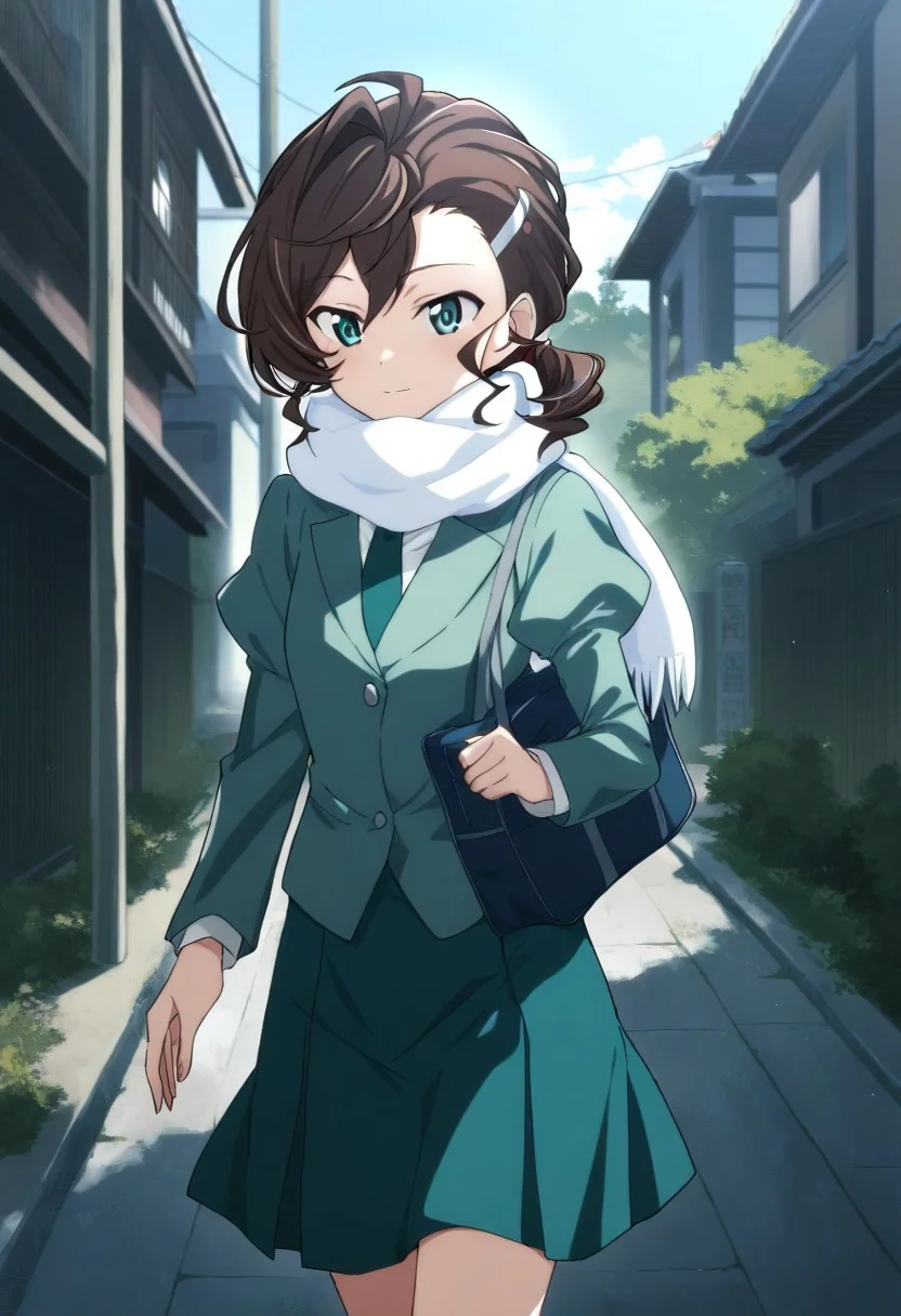 masterpiece, best quality, very aesthetic, absurdres,perfect,1girl,Inuyama Mana,GeGeGe no Kitarou,solo,cowboy shot,(day:1.5),urban residential area,1 hair tie,light smile,holding nylon school bag,walking,blue eyes,(white scarf:1.2),school uniform,(white shirt:1.2),(juliet sleeves:1.2),(celadon blazer:1.2),(dark sea-green necktie),(dark sea-green skirt),(single hair intake:1.5),(wavy hair),(swept bangs) and (hair pulled back:1.2),hair between eyes,(low ponytail),Ahoge,(Brown) medium hair,sideburns, 1 silver hairpin