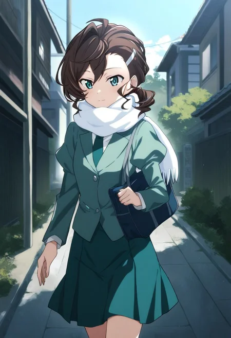 masterpiece, best quality, very aesthetic, absurdres,perfect,1girl,Inuyama Mana,GeGeGe no Kitarou,solo,cowboy shot,(day:1.5),urban residential area,1 hair tie,light smile,holding nylon school bag,walking,blue eyes,(white scarf:1.2),school uniform,(white shirt:1.2),(juliet sleeves:1.2),(celadon blazer:1.2),(dark sea-green necktie),(dark sea-green skirt),(single hair intake:1.5),(wavy hair),(swept bangs) and (hair pulled back:1.2),hair between eyes,(low ponytail),Ahoge,(Brown) medium hair,sideburns, 1 silver hairpin