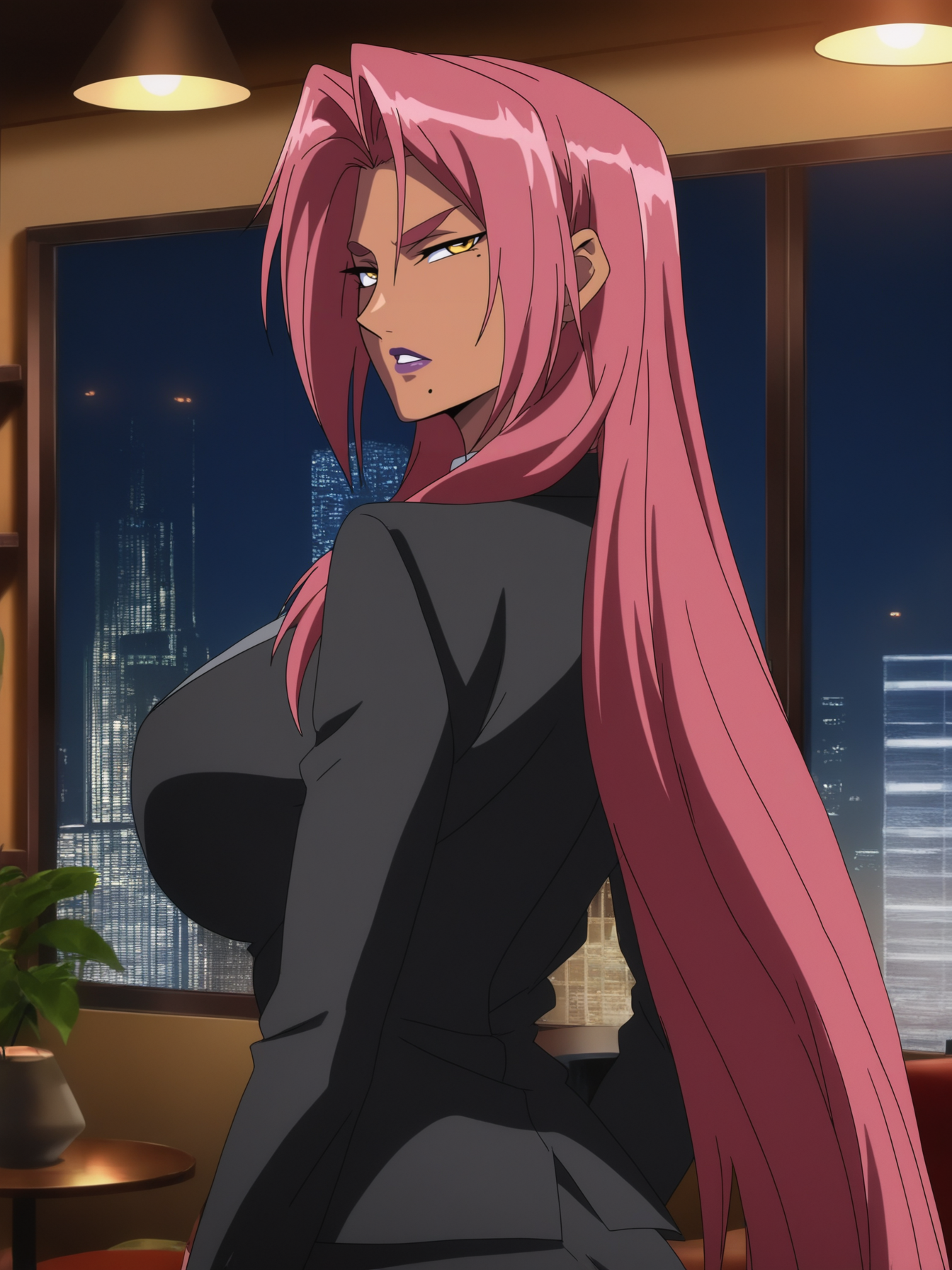 masterpiece, best quality, highres, absurdres, very awa, shiny skin, bloom, makai kishi,
1girl, ingrid \(taimanin murasaki\), uppery body, from side, 
mature female, dark-skinned female, solo, cowboy shot,
looking at viewer, parted lips, serious, turning head, half-closed eyes, 
pink hair, long hair, hair intakes, purple lips, (mole under mouth:0.8), yellow eyes,
black blazer,
indoors, office, window, skyscraper, table, night, lamp, shelf, dark
<lora:Makai Kishi NoobAI VPRED dec0.05 tagdrop01:1>
