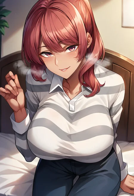 score_9, score_8_up, score_7_up, masterpiece, source_anime, 1girl, ct_m0risaki, red hair, medium hair, pink eyes, huge breasts, grey striped shirt, long sleeves, dark blue pants, cowboy shot, hand up, looking at viewer, indoors, smile, breath,  cowboy shot, sitting,<lora:MegumiMorisaki_Pony_ct:1>