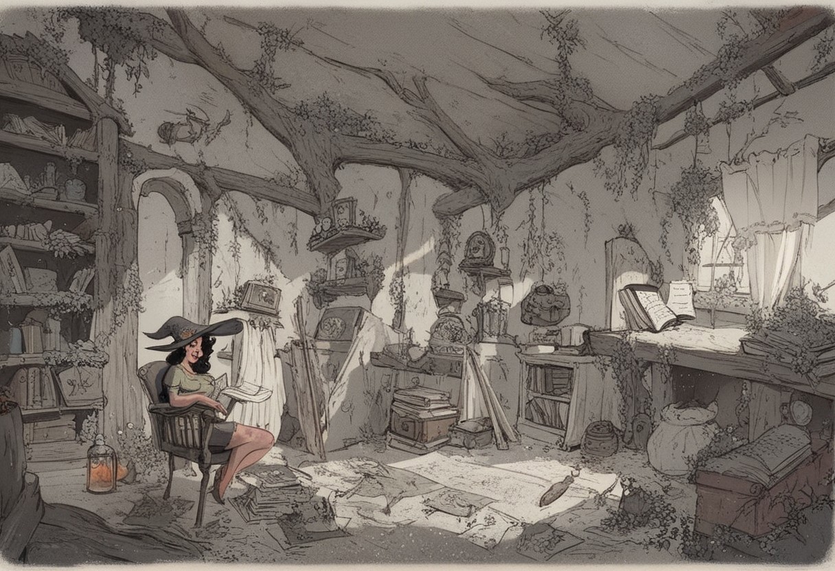 score_9, score_8_up, score_7_up, score_6_up, old house, in the forest, inside house, old urniture, glass bottles with weir thing inside on shelves on the wallas, a beautiful long black hair witch with witch clothes and a witch hat, sitting on and old chair, boring face,  reading a cook book with the text title "How to cook a swamp monster"