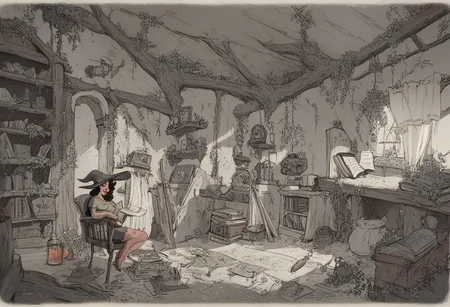 score_9, score_8_up, score_7_up, score_6_up, old house, in the forest, inside house, old urniture, glass bottles with weir thing inside on shelves on the wallas, a beautiful long black hair witch with witch clothes and a witch hat, sitting on and old chair, boring face,  reading a cook book with the text title "How to cook a swamp monster"
