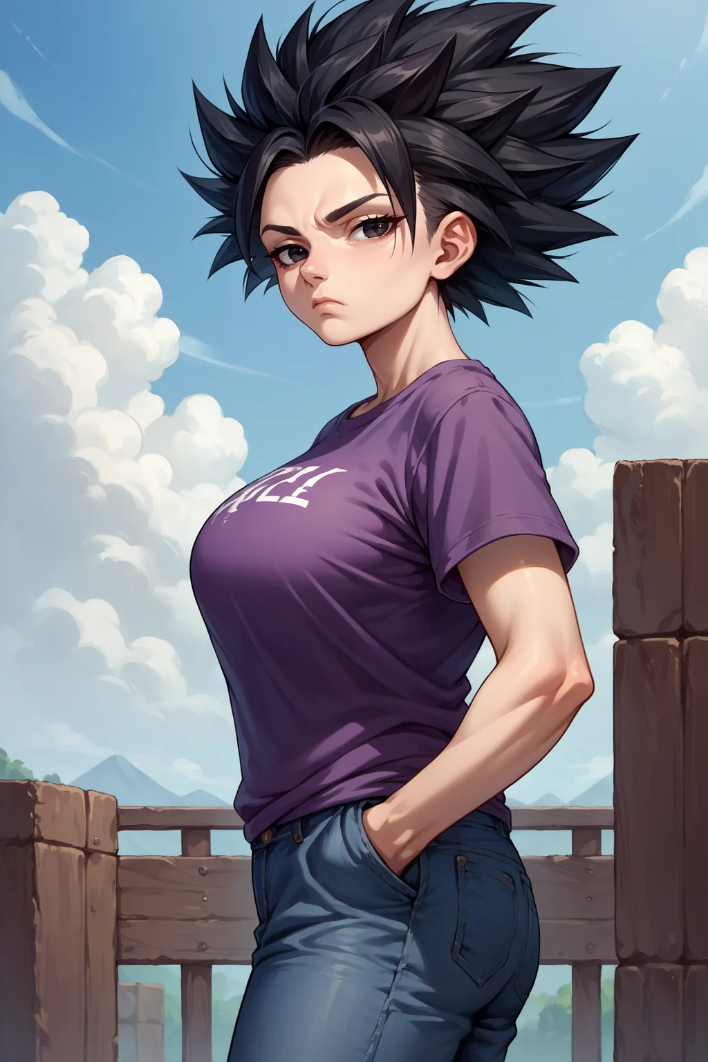 score_9, score_8_up, score_7_up, score_6_up, source_anime, 1girl, solo, <lora:caulifla-pdxl-nvwls-v1-000007:1> defCal, black hair, black eyes, spiky hair, big breasts, purple t-shirt, jeans, hands in pockets, from side, bored, tired, looking at you, blue sky