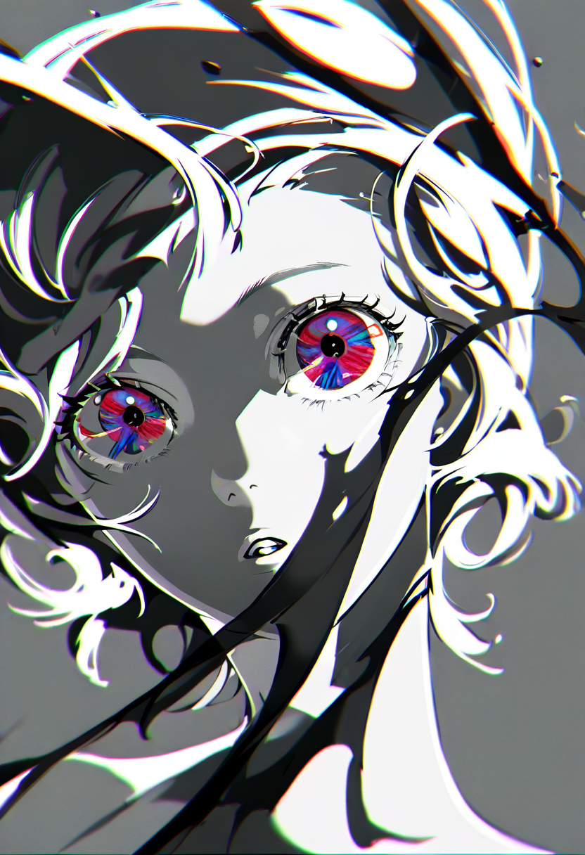 solo, 1girl, monochrome, short hair, spot color, multicolored eyes, greyscale, portrait, floating hair, parted lips, grey background, looking at viewer, shadow, open mouth, chromatic aberration, simple background, eyelashes <lora:yoneyamaiXL_NBVP1_lokr_V6311P:0.95>