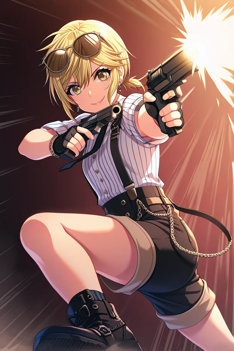 masterpiece, best quality, amazing quality,
<lora:Nagisa_IL:1> nagisa, 1girl, gun, weapon, short hair, jewelry, holding, blonde hair, striped, eyewear on head, fingerless gloves, earrings, gloves, shorts, sunglasses, solo, holding weapon, firing, black gloves, handgun, dual wielding, shirt, holding gun, suspenders, smile, black footwear