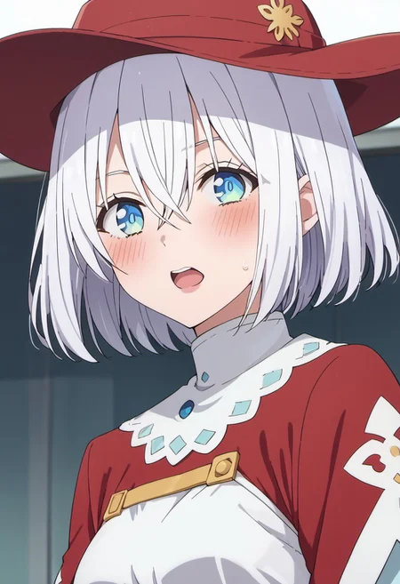 score_9, score_8_up, score_7_up, source_anime,nagomi, blue eyes, open mouth, hat, blush, 1girl, hair between eyes, short hair, white hair, red headwear, looking at viewer