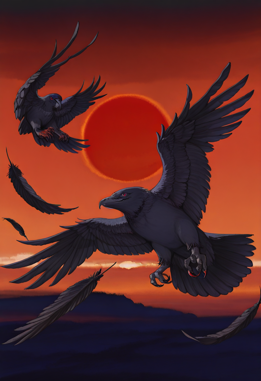 pt1chn1k, scenery, sunset, red sun, orange sky, solo, black bird, animal focus, raven, crow, flying, (((flying feathers))), dynamic pose,