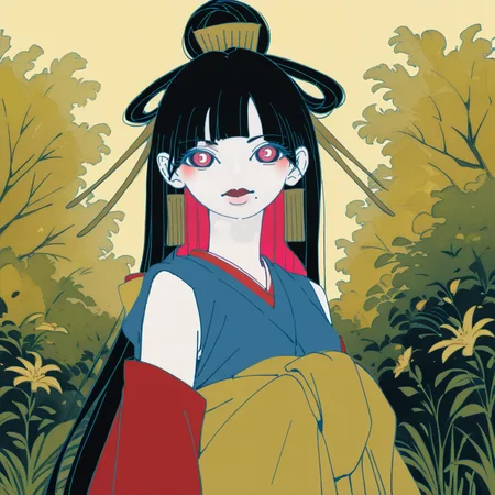 beautiful pen and ink sketch of score_9, score_8_up, score_7_up, score_6_up, score_5_up BREAK t1u5, 1girl, mole under mouth, colored sclera, pink eyes, symbol-shaped pupils, long hair, black hair, blue kimono, sleeveless, earrings, hair stick, hime cut, sidelocks, hair ornament, colored inner hair, yellow obi, red sleeves, detached sleeves, cowboy shot, pale skin, looking at viewer, solo, <lora:tukiGirlPDXL16v0.95cametx1:0.9>, minimalist, colored, watercolor_(medium), Valentina Verlato