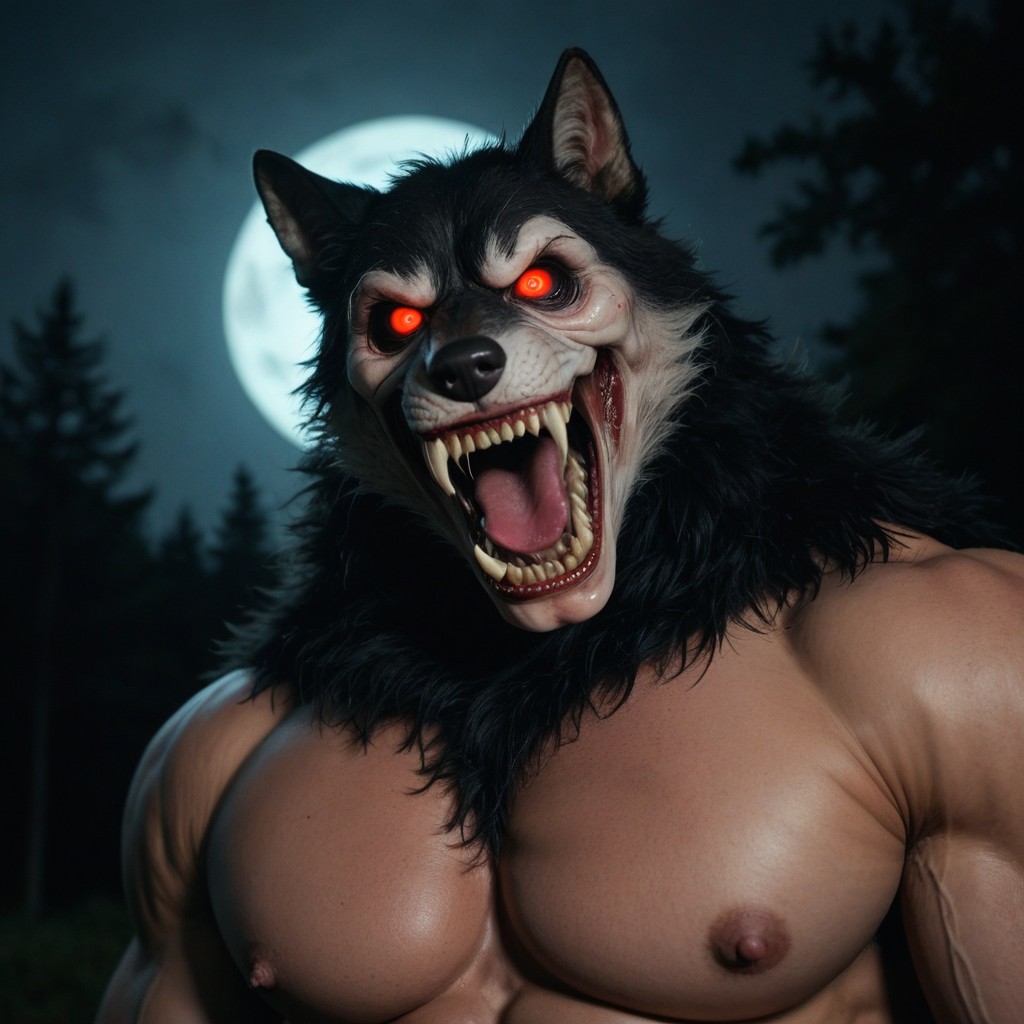 horror movie, still ,anime_source ,black furry, werewolf ,photo ,score_9_up ,score_8_up, score_7_up, action scene ,movie still ,no humans ,open mouth teeth, wolf looking at viewer realistic glowing solo glowing eyes black background horror (theme) animal focus animal sharp teeth white eyes fangs realistic nsfw muscular male muscular penis large pectorals male focus abs nipples pectorals bara best quality masterpiece 4k uncensored prefect lighting rating_explicit horror very aesthetic, black fur, showdow, moon,