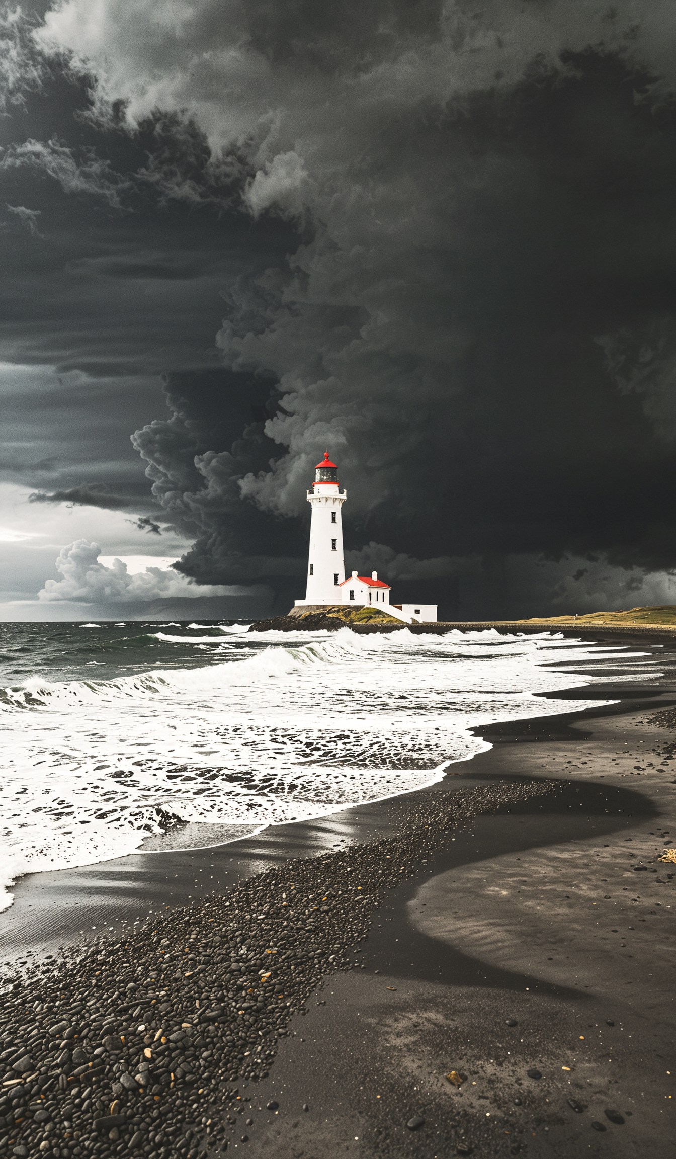 gardur lighthouse against a dramatic sky with stormy clouds and ocean, gardur, island, ultra long exposure shot, wavy clouds, black sand, overcast weather, perfect composition, stunning, film grain, atmospheric, dramatic light, parallel lines, architecture shot