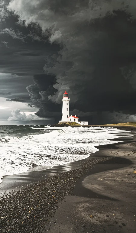 gardur lighthouse against a dramatic sky with stormy clouds and ocean, gardur, island, ultra long exposure shot, wavy clouds, black sand, overcast weather, perfect composition, stunning, film grain, atmospheric, dramatic light, parallel lines, architecture shot