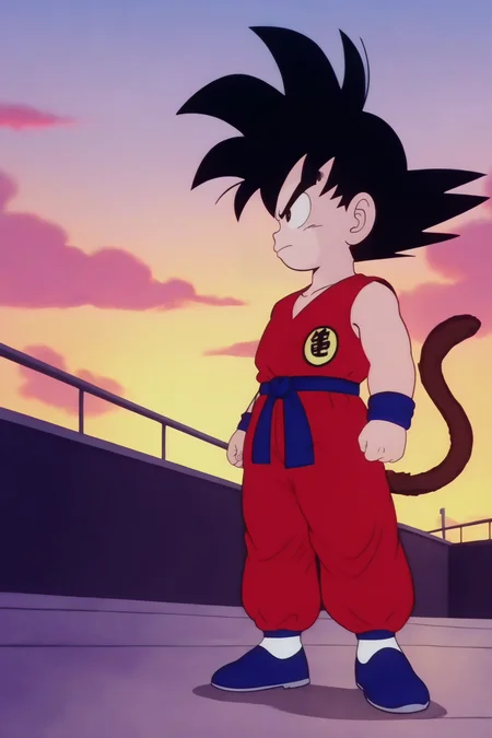 source_anime, score_9, score_8_up, score_7_up, anime screencap,8k, absurd res, 
son goku, solo, smile, black hair, 1boy, closed mouth, standing, collarbone, tail, full body, male focus, outdoors, sky, pants, cloud, black footwear, black eyes, profile, cloudy sky, looking up, spiked hair, wristband, clothes writing, clenched hands, sunset, blue footwear, looking afar, dougi, gradient sky, orange sky, monkey tail, red sky, purple sky, black wristband, yellow sky, pink sky, v-shaped eyebrows, white legwear, symbol, red topwear, red pants, serious, print topwear, looking at another, blue wristband, blue sash, shoes, male child, arena, sleeveless
<lora:gokudb_pony_v2:0.8>