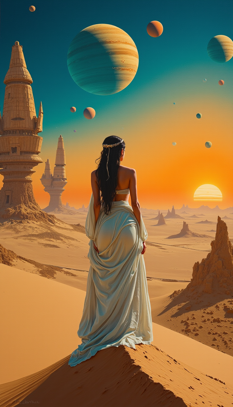 painting by darius kawasaki ; oil painting - Visualize a lone heroic female figure standing atop a massive sand dune on an alien desert planet, where the sky is a deep, otherworldly orange and azure, filled with planets, moons, and asteroids floating close to the horizon. The nomad is wearing torn, peasant medieval white robes similar to bedouin clothes, that are streaked with the colors of the setting sun, and partially reveal the woman's buttocks and back, and her face is turned away from the viewer. Around her, the sands shift and swirl as if alive, forming shapes that resemble creatures long forgotten. In the distance, colossal, derelict starships rise from the dunes, half-buried relics of a forgotten war, their metal hulls covered in centuries of sand and dust.
AiArtV,nude,ass,naked,butt,
