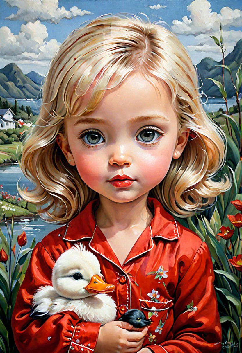 adorable little blonde haired Shirley Tample in red pajamas, holding a plus dandy duck. oil painting, heavy strokes, sharp focus, in the style of margaret keane, sheena pike, anna liwanag