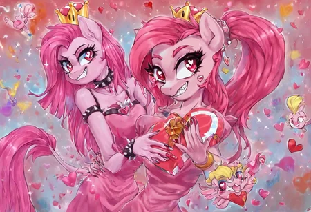 heart floating, heart-shaped pupils, aroused, heart eyes, cupid arrow, Valentine's day themed, super crown, collar, crown, long hair, smile, jewelry, teeth, nail polish, ponytail, grin, Pinkamena Diane Pie, anthro, red eyes, My Little Pony, 1girl, bracelet, smile, evil grin, eyelashes, ((pink dress)),