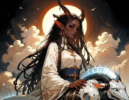 score_9, score_8_up, score_7_up, score_6_up, score_5_up, score_4_up, female priestess, cel-shading, backlit, delicate features, very long hair, (dreadlocks), riding a mechanical wolf, medium breasts, horns, cyborg, pointy elf ears, multiple ear piercings, black background, techwear, large horns, dynamic pose, freckles, light blue outfit, blue glowing machine parts, hair oranments, smug, seductive smile, from behind, looking over shoulder, battle armour, chestplate, japanese dress