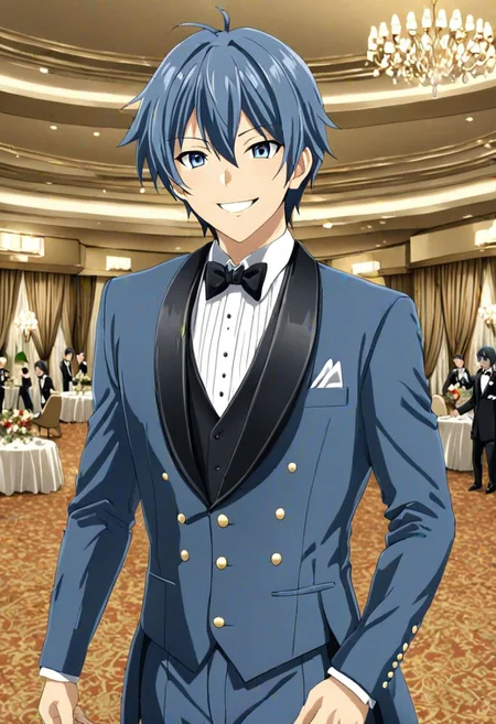 high resolution, solo, best quality, 1Boy, Tomoya Okazaki, Grey Blue Hair, luxury hotel, Ballroom, tuxedo, smile, confident, OverallDetail
