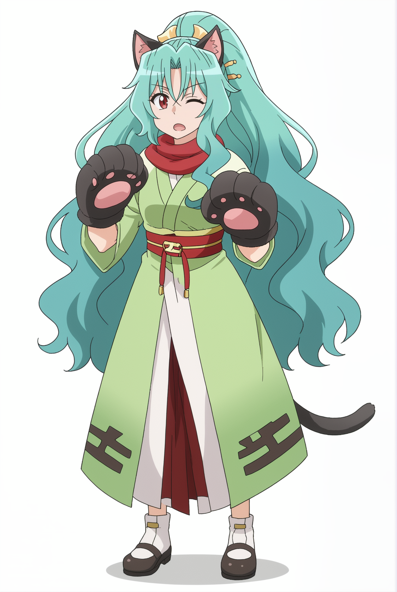 <lora:Tomoe:0.8>, white background, Tomoe, 1girl, one eye closed, solo, animal ears, tail, white background, cat ears, cat tail, paw gloves, full body