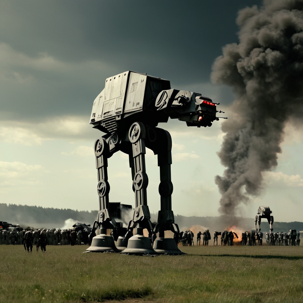 cinematic film still of  <lora:star wars style v2:0.3>
<lora:detailed:0.2> 
<lora:perfection style:0.2>
 <lora:AT-AT Walker:0.8>
 <lora:Ron Fricke style:0.1>
AT-AT Walker a giant robot standing in a field with a group of people,military,no humans,border,fire,robot,mecha,smoke,science fiction,realistic,cannon,military vehicle,battle,black border,damaged,non-humanoid robot , star wars style, shallow depth of field, vignette, highly detailed, high budget, bokeh, cinemascope, moody, epic, gorgeous, film grain, grainy