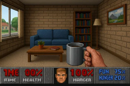 Screenshot from a game resembling Doom (1993) but it is a first-person view peaceful life simulator like sims.