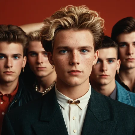 cinematic film still of <lora:1980's style:1>
In the 1980's a group of young men posing for a picture,looking at viewer,short hair,blue eyes,blonde hair,simple background,brown hair,shirt,black hair,jewelry,closed mouth,jacket,white shirt,male focus,red hair,earrings,parted lips,multiple boys,necklace,black eyes,lips,headband,ring,messy hair,red background,freckles,realistic,nose , realistic,realism, detailed, perfection,perfect,filmic,retro,vintage,classic,different haircut,different look,different style,different people, 1980's style , 1980 style, shallow depth of field, vignette, highly detailed, high budget, bokeh, cinemascope, moody, epic, gorgeous, film grain, grainy