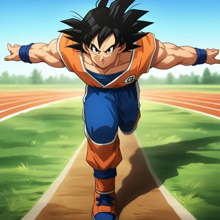 N4RUT0RUNv1, Source_anime, (Dragon Ball Z), ((score_9)),score_8_up,score_7_up,score_6_up,score_5_up,score_4_up, solo, 1boy, (Goku), black hair, source_DBZ, track_suit, running, arms behind back, arms straight, arms, outstretched arms, muscular male, intense, dynamic pose, meme, outdoors, wilderness, detailed background, green grass, orange dirt, stones