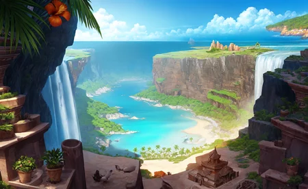 masterpiece, best quality, ultra-detailed, illustration, random, island, tropical, clear skies, blue water, sandy beaches, palm trees, exotic flowers, lush vegetation, diverse wildlife, seabirds, boats, ships, waterfalls, canyons, cliffs, caves, ancient ruins, detailed background, a mix of different elements, surreal, dreamlike, abstract, a blend of different landscapes, cultures, architecture, nature, elements of fantasy, science fiction, mystery, depth, dimension, light and shadows,