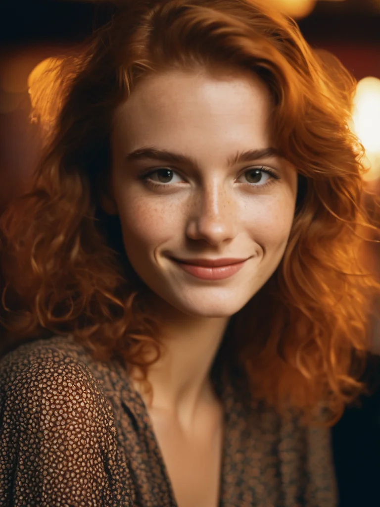 a close up photo of a 20 year old french woman in a blouse at a bar, seductive smile, ginger hair, cinematic light, film still,