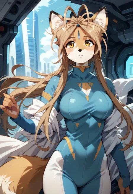 Expressiveh, negative_hand, score_9, score_8_up, score_7_up, belldandy as an (anthro fox),long oval face, short snout, two toned fur, large fox ears, fox tail, animal nose, yellow fur, white facial fur, tan hair, long hair, parted bangs, gold eyes, white triangle forehead gem, large breasts, skintight bodysuit, futuristic bodysuit, standing at attention,
