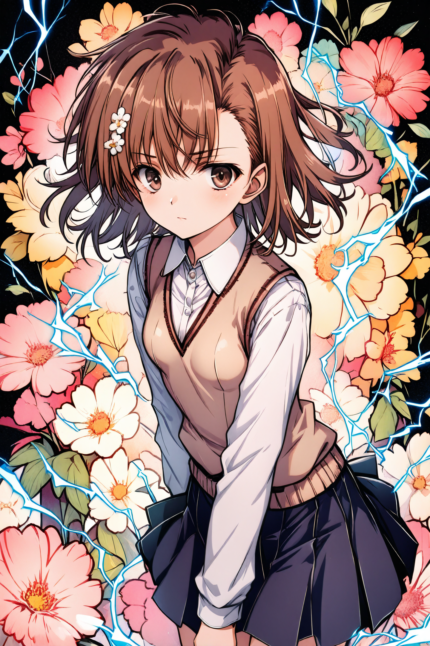 1girl,solo,skirt,looking at viewer,brown hair,shirt,brown eyes,white shirt,misaka mikoto,long sleeves,collared shirt,breasts,sweater vest,closed mouth,small breasts,vest,dark background,floral background,electricity,
<lora:Old Fashioned Celluloid_illustriousXL:0.9>,