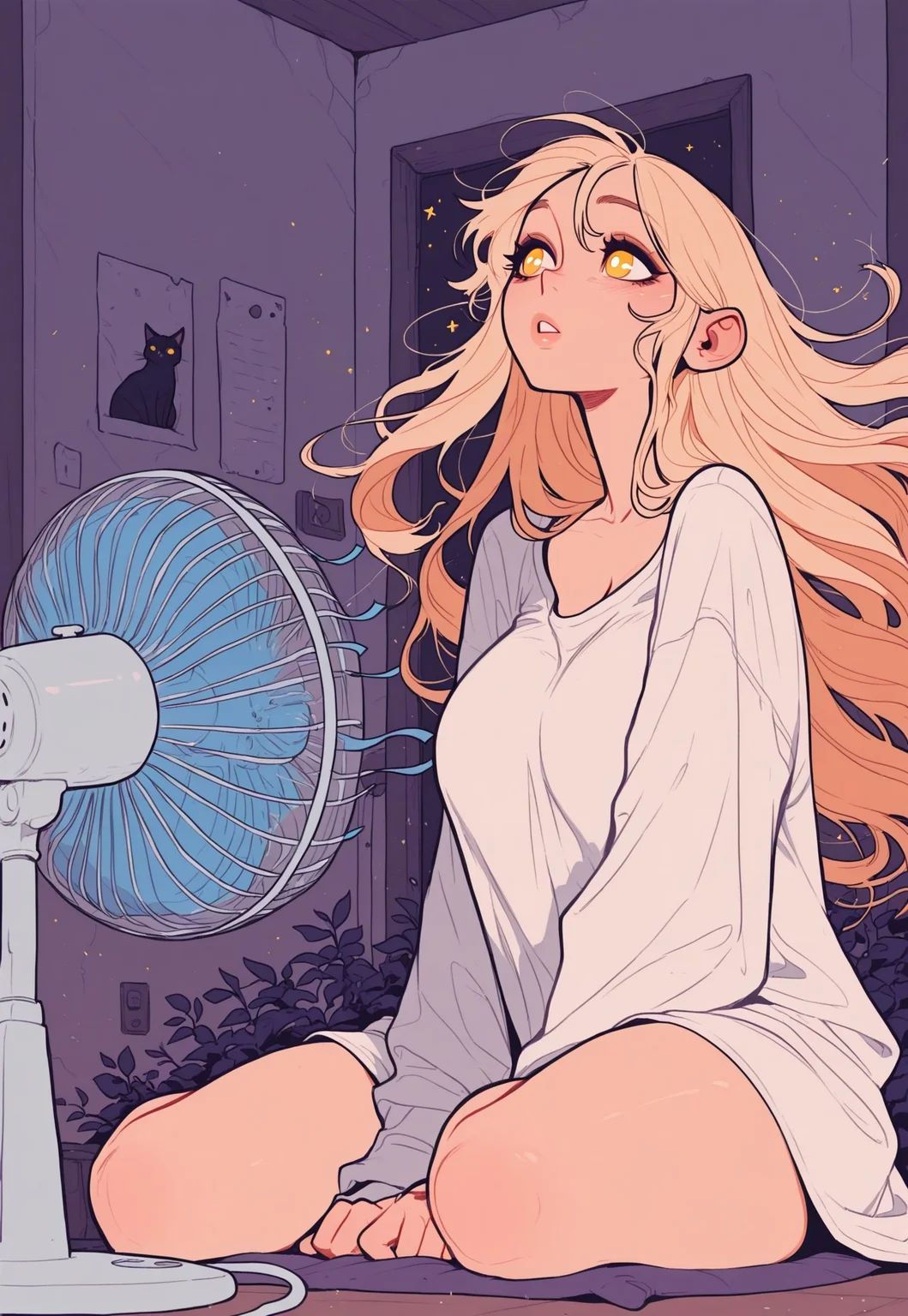score_9, score_8_up, score_7_up, masterpiece, best quality, very aesthetic, incoth, (incase:0.6), detailed face, (dynamic:1), 1woman, catgirl, blonde hair, golden eyes, white pupils, long hair, flowing hair, windy, sitting in front of fan, big fan, electric fan, (windtunnel:0.8), oversized white shirt,  mature, (lips:0.4)