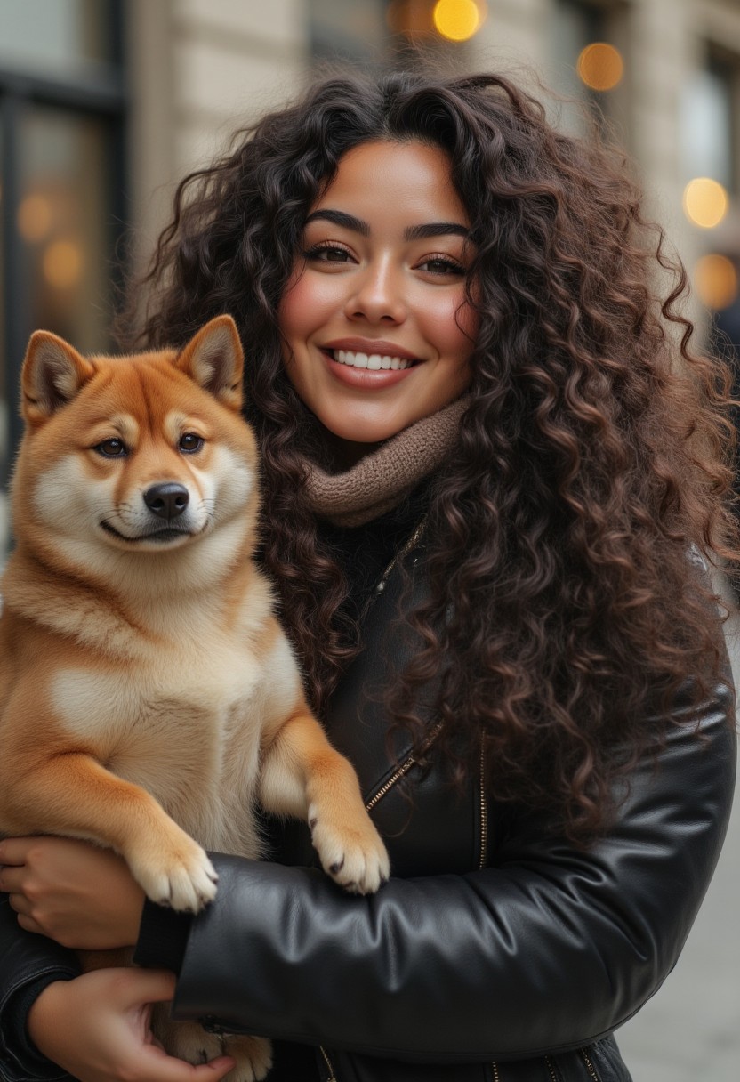 FictionalVera,a chubby homely latina woman, long curly hair, holding a shiba inu