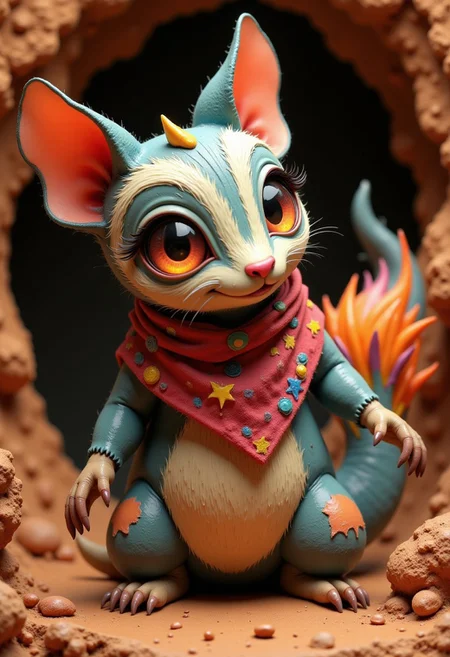 a cute chibby skunk (made out of clay) with big rainbow eyes, it wears a cool rainbow bandana, very detailed, 4k, sharp, (very detailed clay, brownish clay), clay background, clay cave