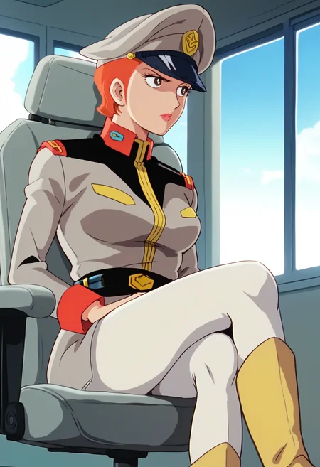 score_9, score_8_up, score_7_up, score_6_up, anime screencap, anime coloring, <lora:FGMatildaAdjan:0.9>, FGMatildaAdjan, 1girl, solo, brown eyes, short hair, hair slicked back, orange hair, lipstick, breasts,
peaked cap, grey headwear, military uniform, grey jacket, belt, white pants, boots, yellow footwear,
serious, looking away, crossed legs, sitting, swivel chair, 
BREAK, indoors, blue sky, day, sunlight, window,