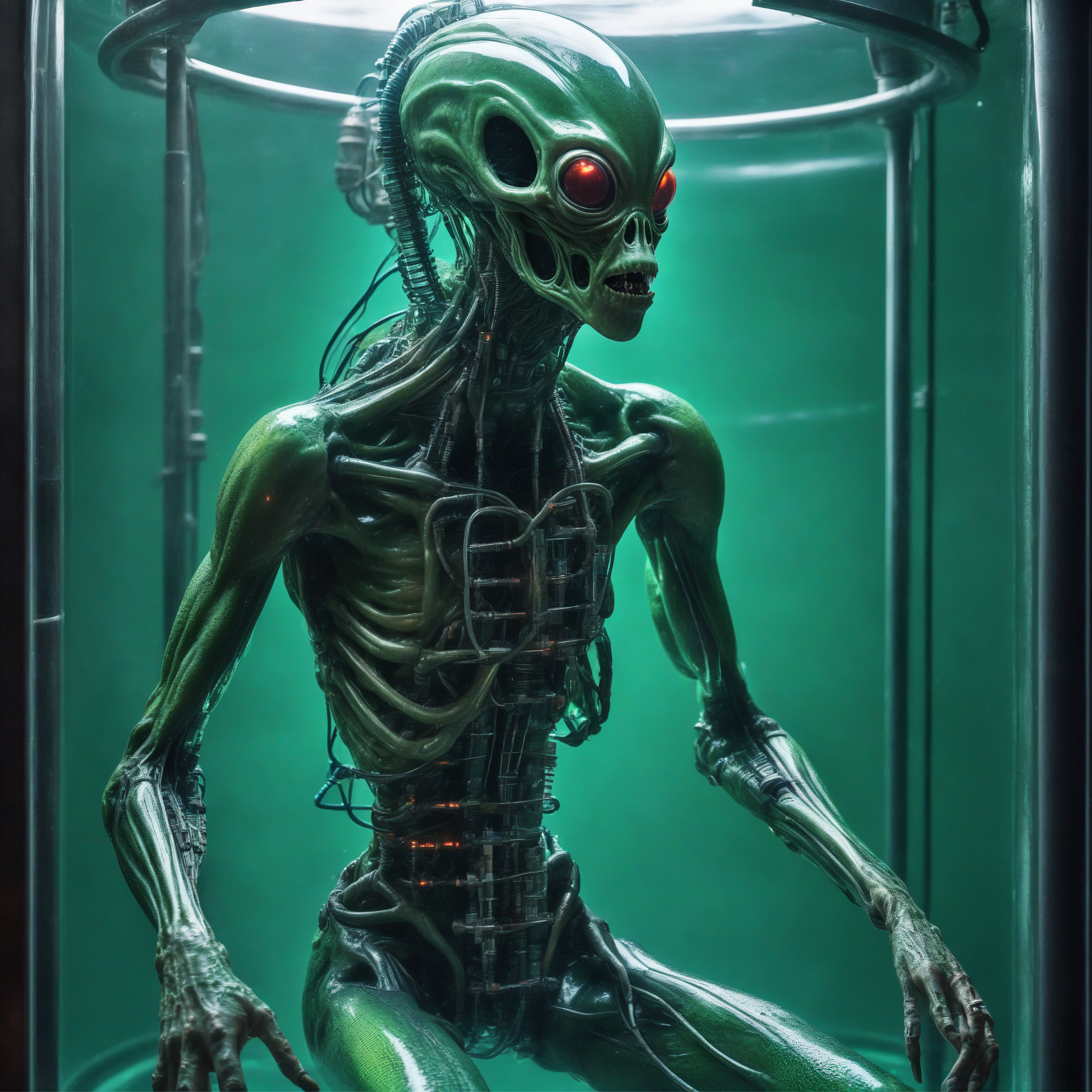 photographic,(a slimy alien humanoid creature,full body, locked up, immersed inside a biotech scifi cylindrical  greenish water filled tank:1.3), secret experience lab, suspended foreign lifeform, wires, tubing, tropical, colorfull, dark vibes, highest detailed,cinematic light,  bubble, barefoot, air bubble, anklet,machine made joints,blood vessels connected to tubes,mechanical vertebra attaching to back,mechanical cervial attaching to neck,expressionless,wires and cables attaching to neck,wires and cables on head,character focus,science fiction, highest detailed