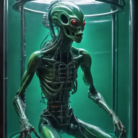 photographic,(a slimy alien humanoid creature,full body, locked up, immersed inside a biotech scifi cylindrical  greenish water filled tank:1.3), secret experience lab, suspended foreign lifeform, wires, tubing, tropical, colorfull, dark vibes, highest detailed,cinematic light,  bubble, barefoot, air bubble, anklet,machine made joints,blood vessels connected to tubes,mechanical vertebra attaching to back,mechanical cervial attaching to neck,expressionless,wires and cables attaching to neck,wires and cables on head,character focus,science fiction, highest detailed