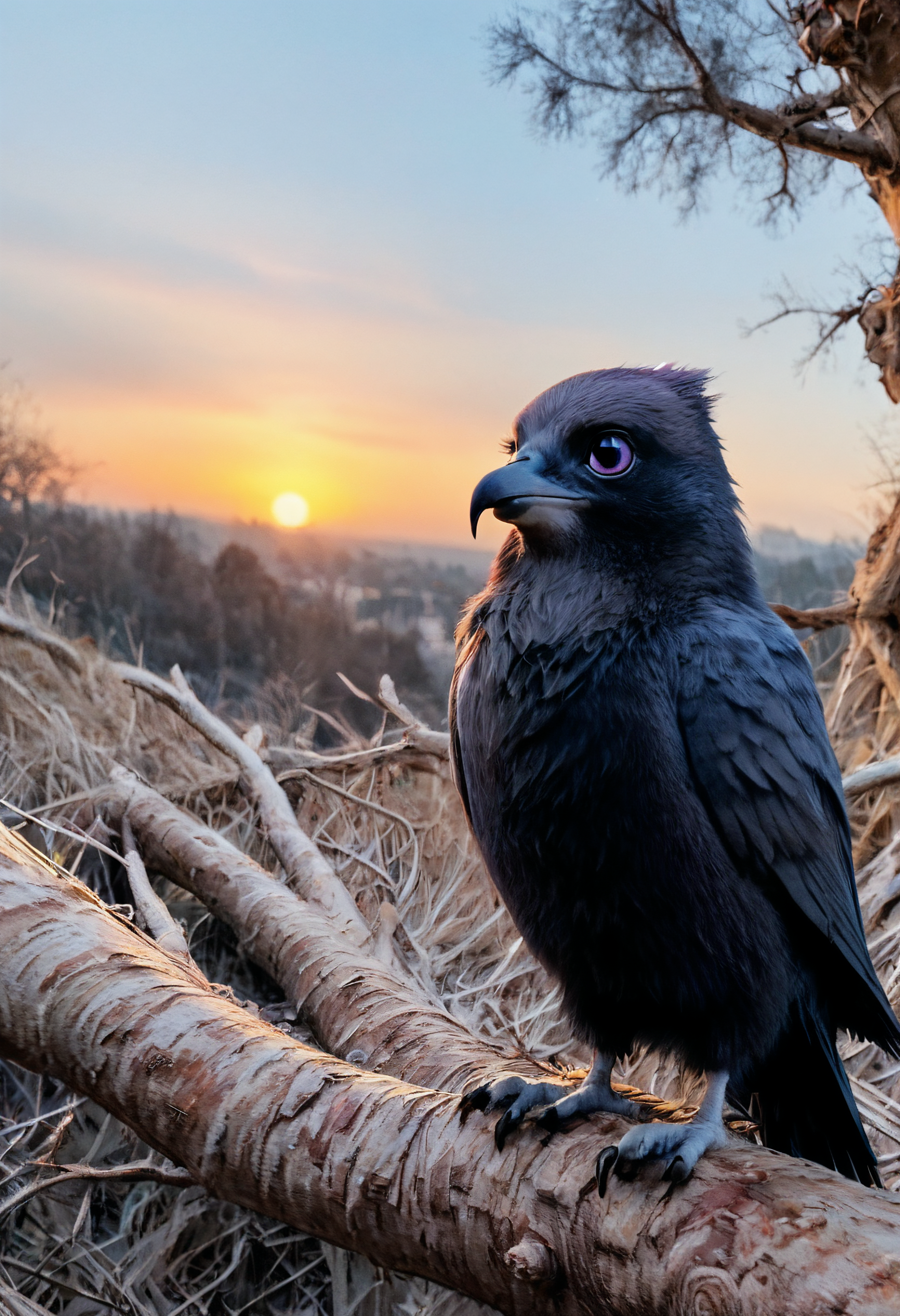 score_9, score_8_up, score_7_up, furry, fur, raven, sunset, tree, cozy, bird, dynamic angle, highly detailed, high contrast, film grain, superabsurd res, 8k , <lora:zy_Fur_Enhancer_v1:0.9>