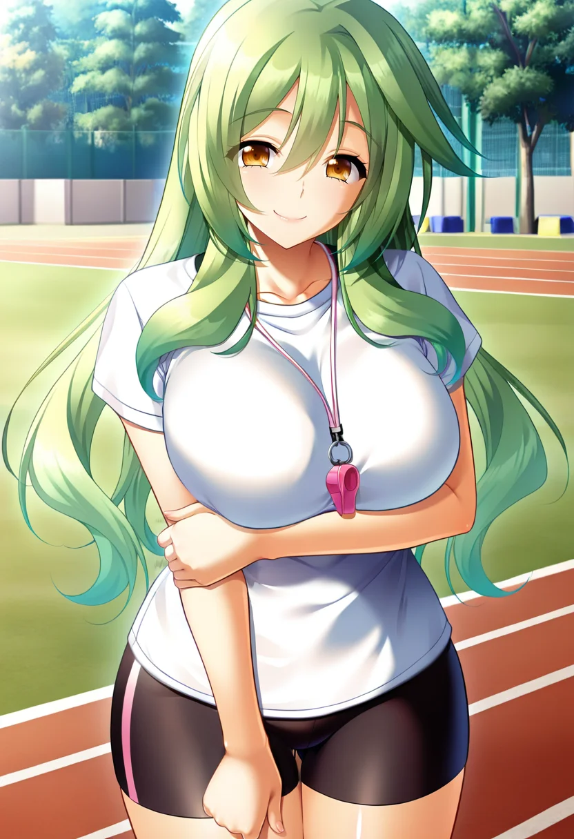 masterpiece, best quality, amazing quality,kaho ootani, yellow eyes, green hair, long hair, mature female, 1girl, solo, breasts,black bike shorts, large breasts,whistle, short sleeves, white t-shirt,,closed mouth, smile, standing, looking at viewer, cowboy shot, thighs, outdoors, track and field, tree, gras<lora:kaho ootaniV1:1>