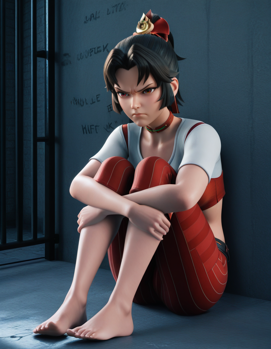 <lora:Nyl2_style_22:0.25>, nyl style, nyl_style, 3D, <lora:Overwatch_Cinematic_ILLUS_4_LAST:0.25>, <lora:hex3d:0.25>, hex3d, <lora:General_Butch_Style:0.25>, genbutch style, 1girl, prison cell, sitting, knees to chest, glaring, angry, crop top, capri pants, striped pants, barefoot, hugging own legs, tally on wall, (masterpiece, best quality, ultra-detailed, absurdres, newest, detailed textures, correct anatomy:1), complex background, <lora:Yunying2llust:0.7>, ying, yun ying \(honor of kings\), [ brown | black ] hair, choker, ponytail, kawaii, [ red | brown ] eyes