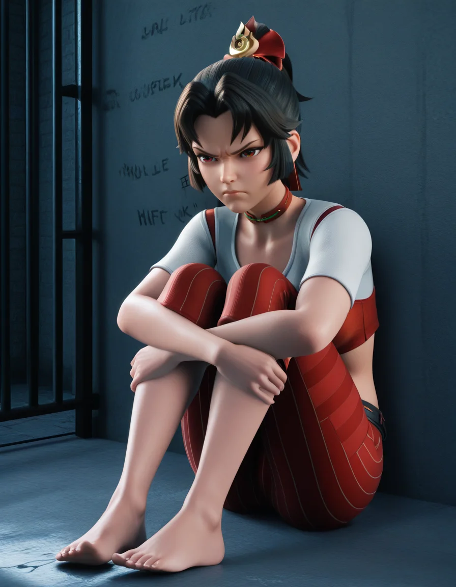 <lora:Nyl2_style_22:0.25>, nyl style, nyl_style, 3D, <lora:Overwatch_Cinematic_ILLUS_4_LAST:0.25>, <lora:hex3d:0.25>, hex3d, <lora:General_Butch_Style:0.25>, genbutch style, 1girl, prison cell, sitting, knees to chest, glaring, angry, crop top, capri pants, striped pants, barefoot, hugging own legs, tally on wall, (masterpiece, best quality, ultra-detailed, absurdres, newest, detailed textures, correct anatomy:1), complex background, <lora:Yunying2llust:0.7>, ying, yun ying \(honor of kings\), [ brown | black ] hair, choker, ponytail, kawaii, [ red | brown ] eyes